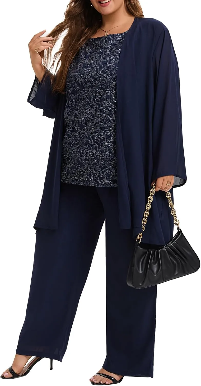Women's Plus Size Mother of Bride Pant Suits 3 Piece Chiffon Elegant Sets Lace Wedding Guest Outfit