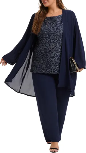 Women's Plus Size Mother of Bride Pant Suits 3 Piece Chiffon Elegant Sets Lace Wedding Guest Outfit