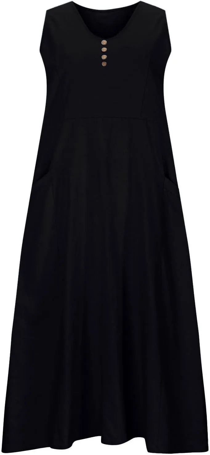 Women's Plus Size Summer Floral Dresses 2025 Trendy Sleeveless Dresses Casual Baggy Flowy Maxi Sun Dresses Pocket