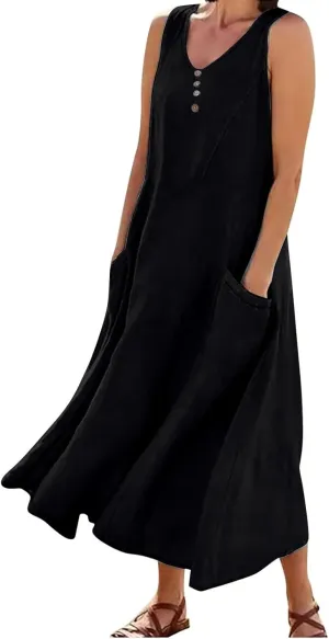Women's Plus Size Summer Floral Dresses 2025 Trendy Sleeveless Dresses Casual Baggy Flowy Maxi Sun Dresses Pocket