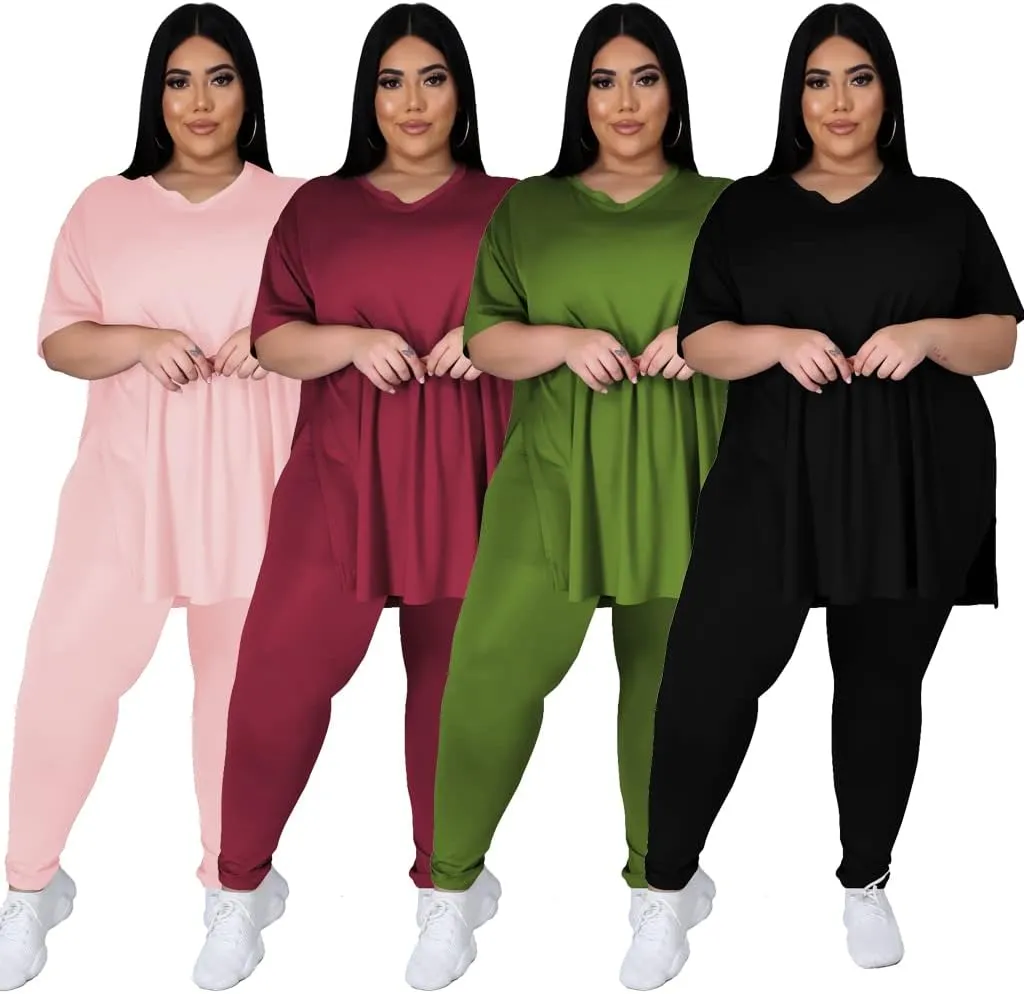 Women's Plus Size Two Piece Outfits Loungewear Sets Summer Oversized Tshirts Long Sweatpants Sweatsuits Sets