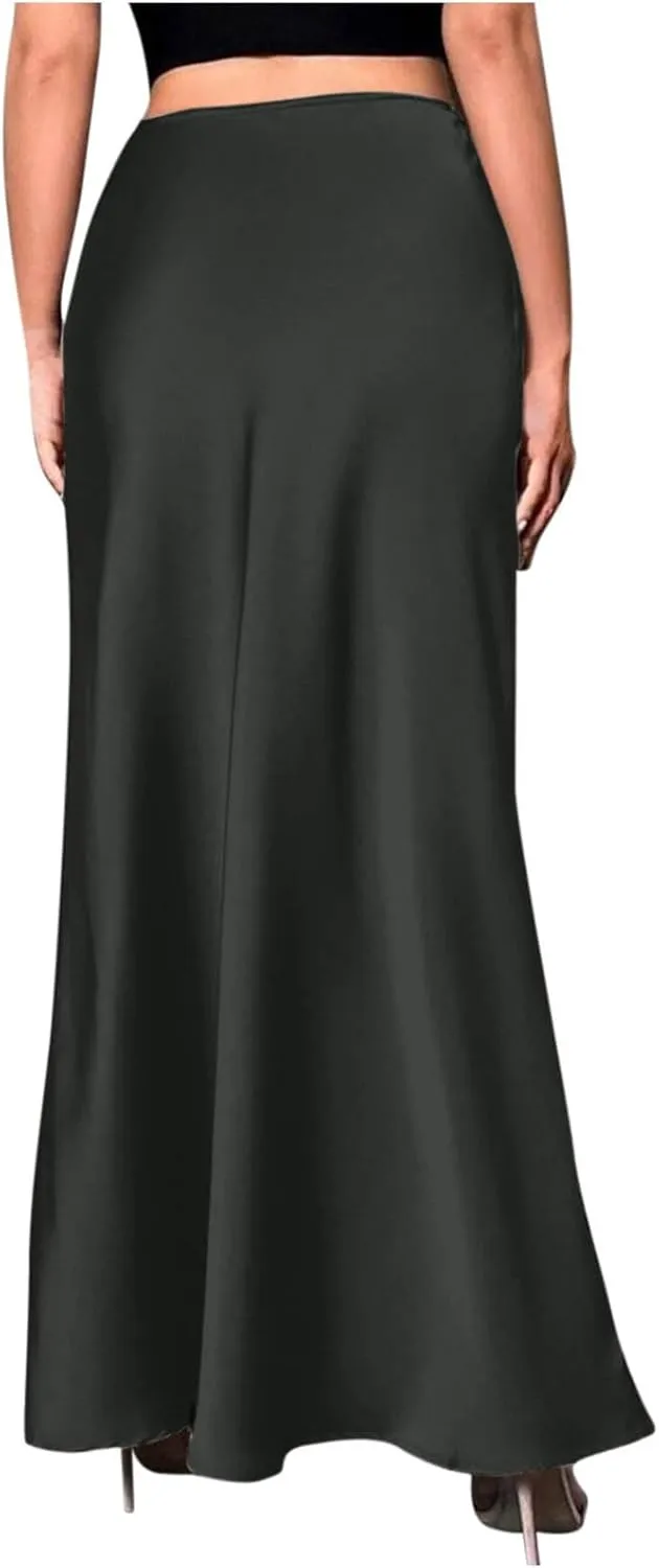 Women's Satin High Waisted Maxi Skirts Elegant Solid Color A Line Long Skirt Soft Work Office Half Dress