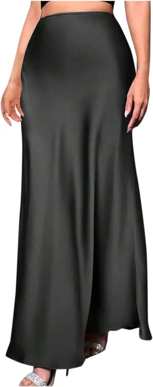 Women's Satin High Waisted Maxi Skirts Elegant Solid Color A Line Long Skirt Soft Work Office Half Dress