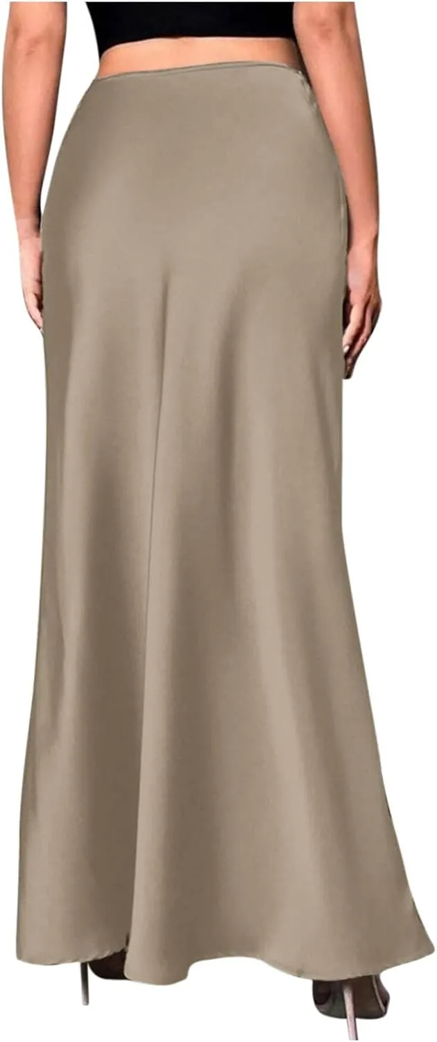 Women's Satin High Waisted Maxi Skirts Elegant Solid Color A Line Long Skirt Soft Work Office Half Dress