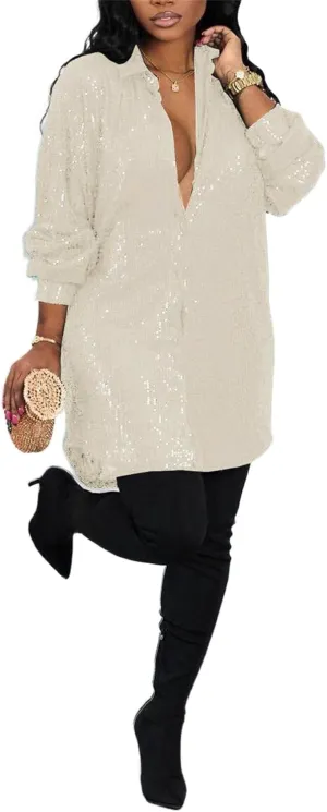 Women's Sequin Button Down Shirt Dress Long Sleeve Loose Fit Blouse Top Mini Dress Party Sexy Clubwear