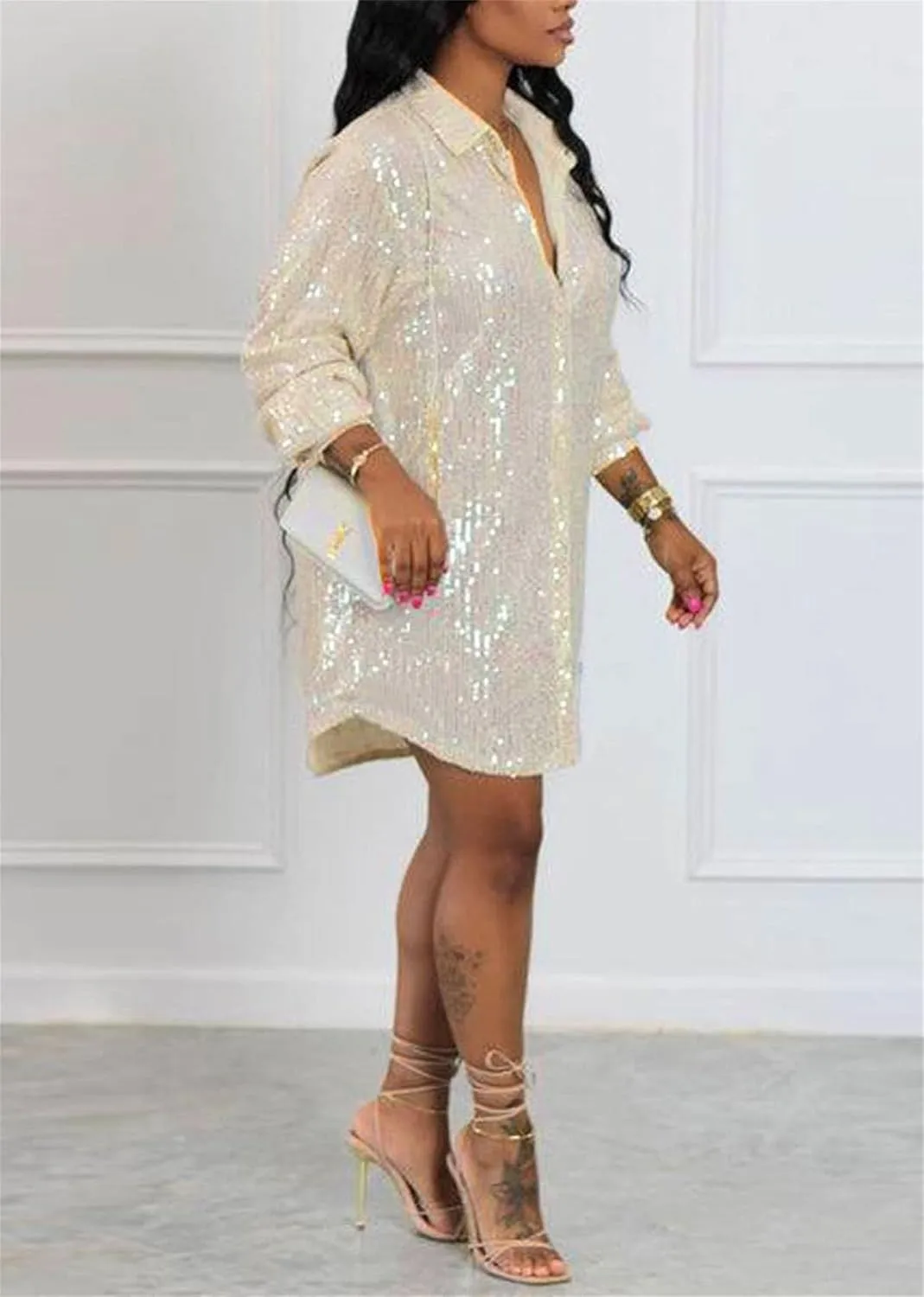 Women's Sequin Button Down Shirt Dress Long Sleeve Loose Fit Blouse Top Mini Dress Party Sexy Clubwear