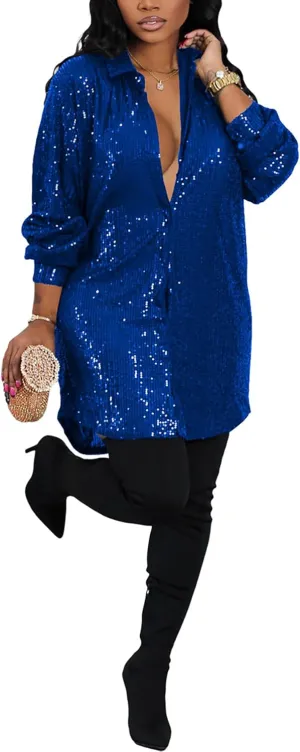 Women's Sequin Button Down Shirt Dress Long Sleeve Loose Fit Blouse Top Mini Dress Party Sexy Clubwear