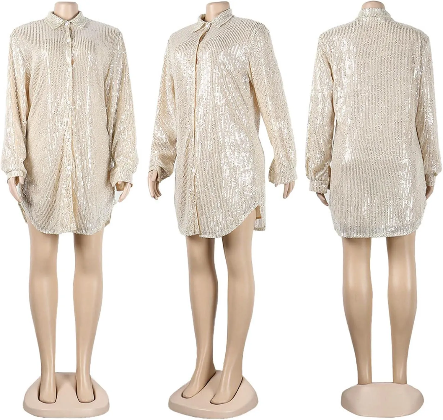 Women's Sequin Button Down Shirt Dress Long Sleeve Loose Fit Blouse Top Mini Dress Party Sexy Clubwear