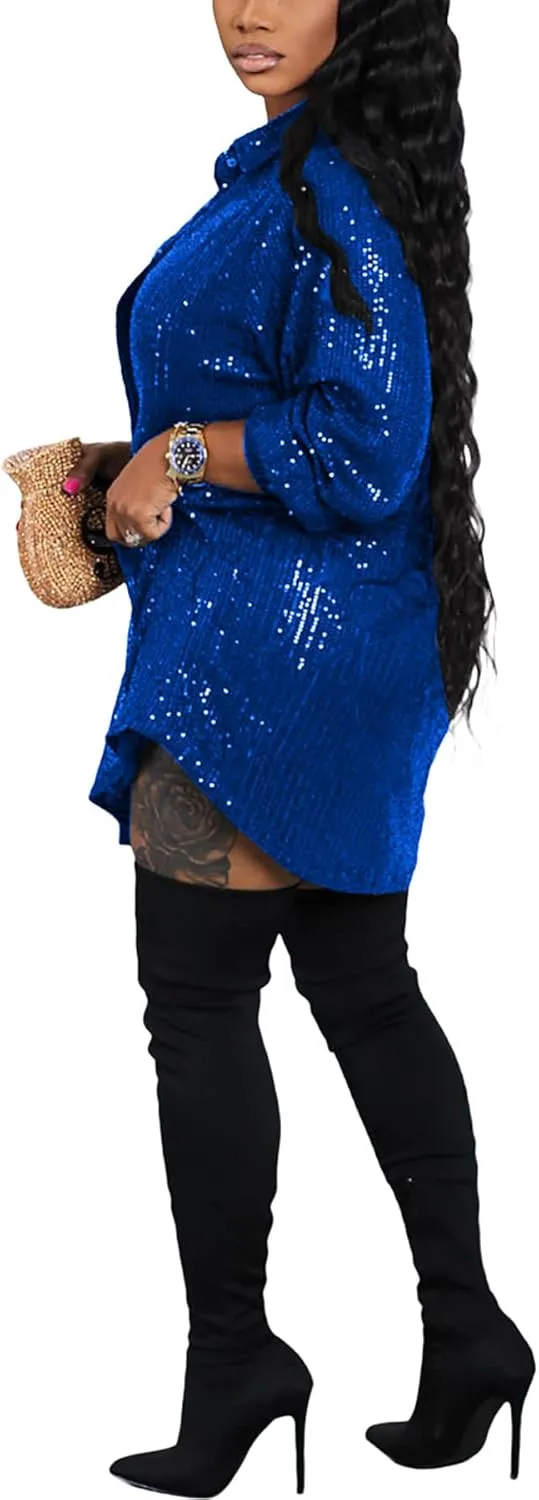 Women's Sequin Button Down Shirt Dress Long Sleeve Loose Fit Blouse Top Mini Dress Party Sexy Clubwear