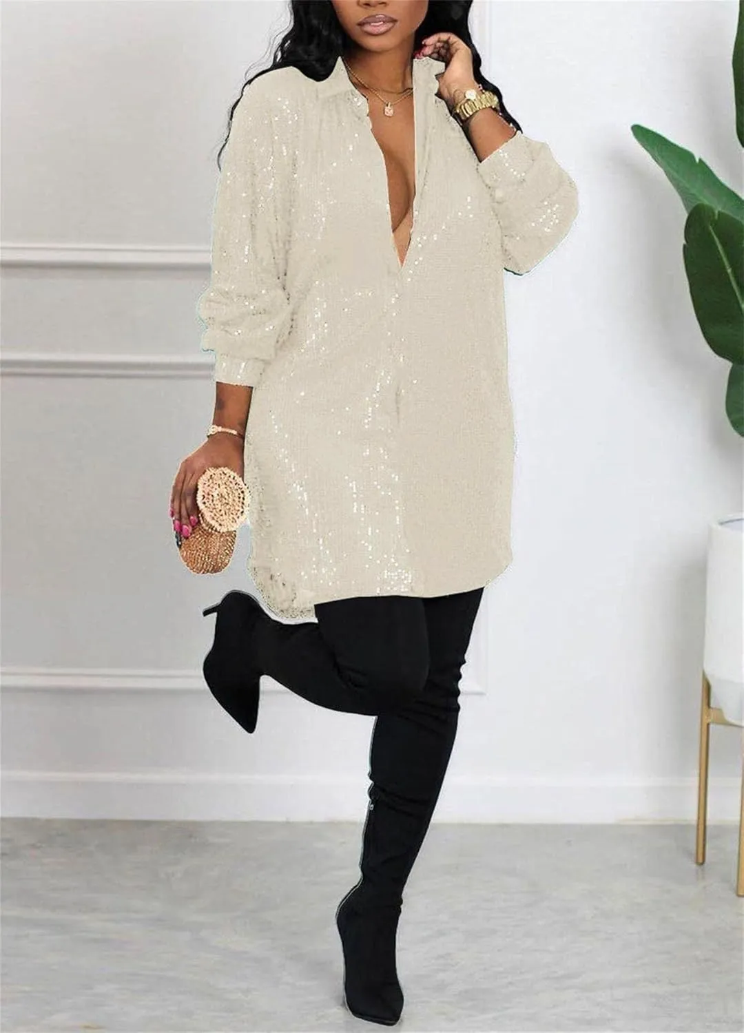 Women's Sequin Button Down Shirt Dress Long Sleeve Loose Fit Blouse Top Mini Dress Party Sexy Clubwear
