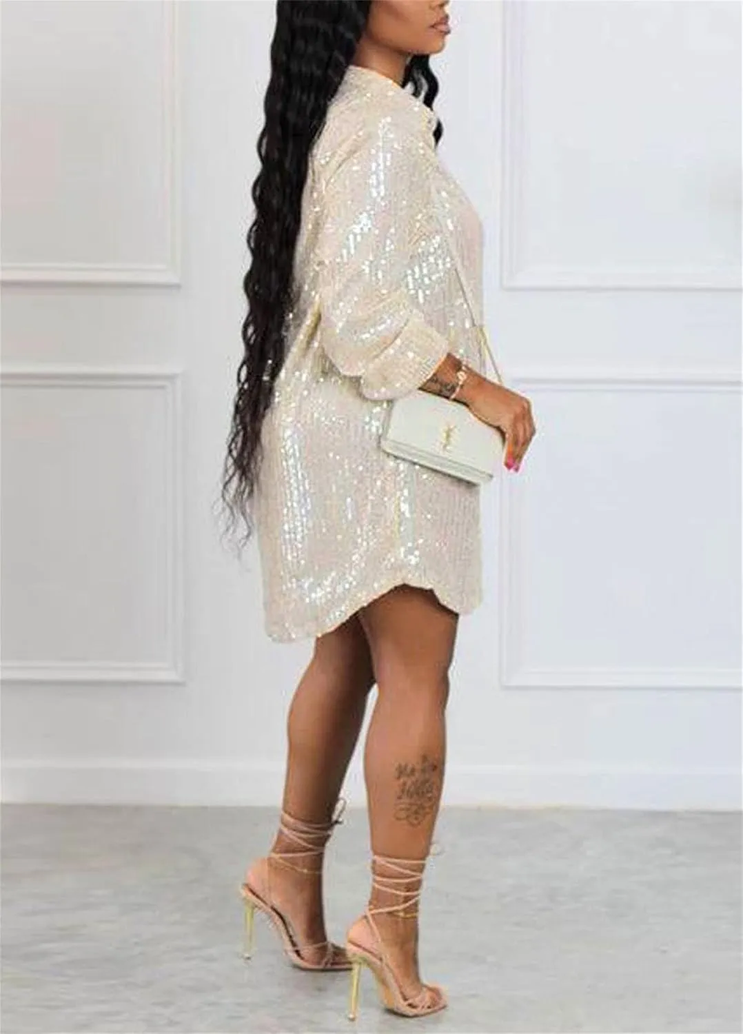 Women's Sequin Button Down Shirt Dress Long Sleeve Loose Fit Blouse Top Mini Dress Party Sexy Clubwear