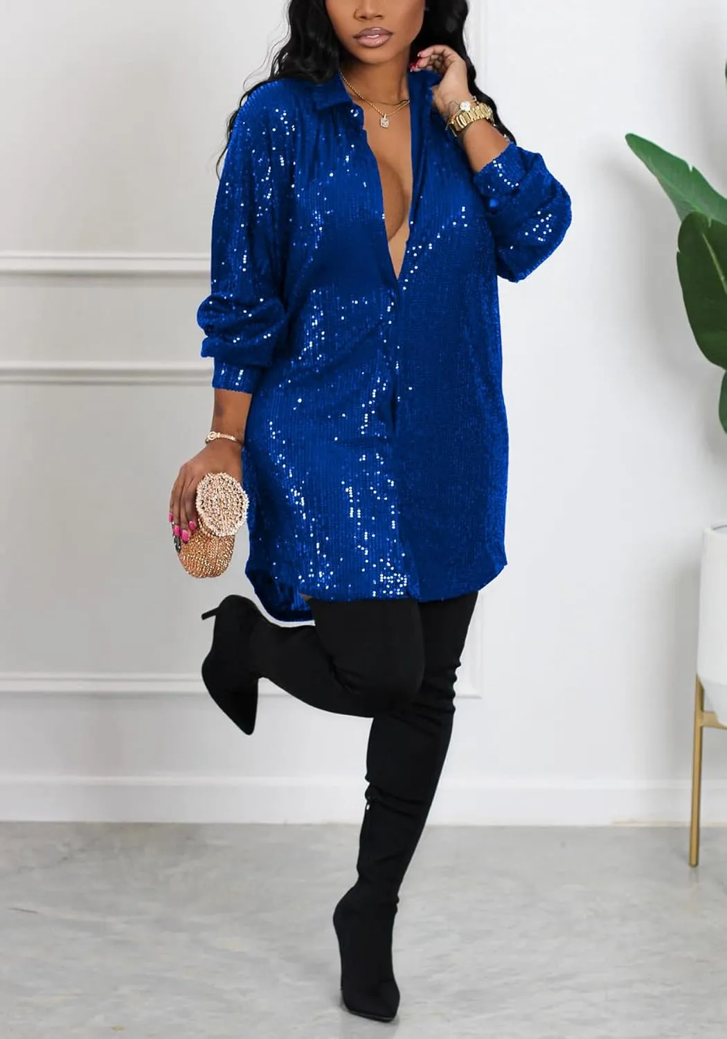 Women's Sequin Button Down Shirt Dress Long Sleeve Loose Fit Blouse Top Mini Dress Party Sexy Clubwear