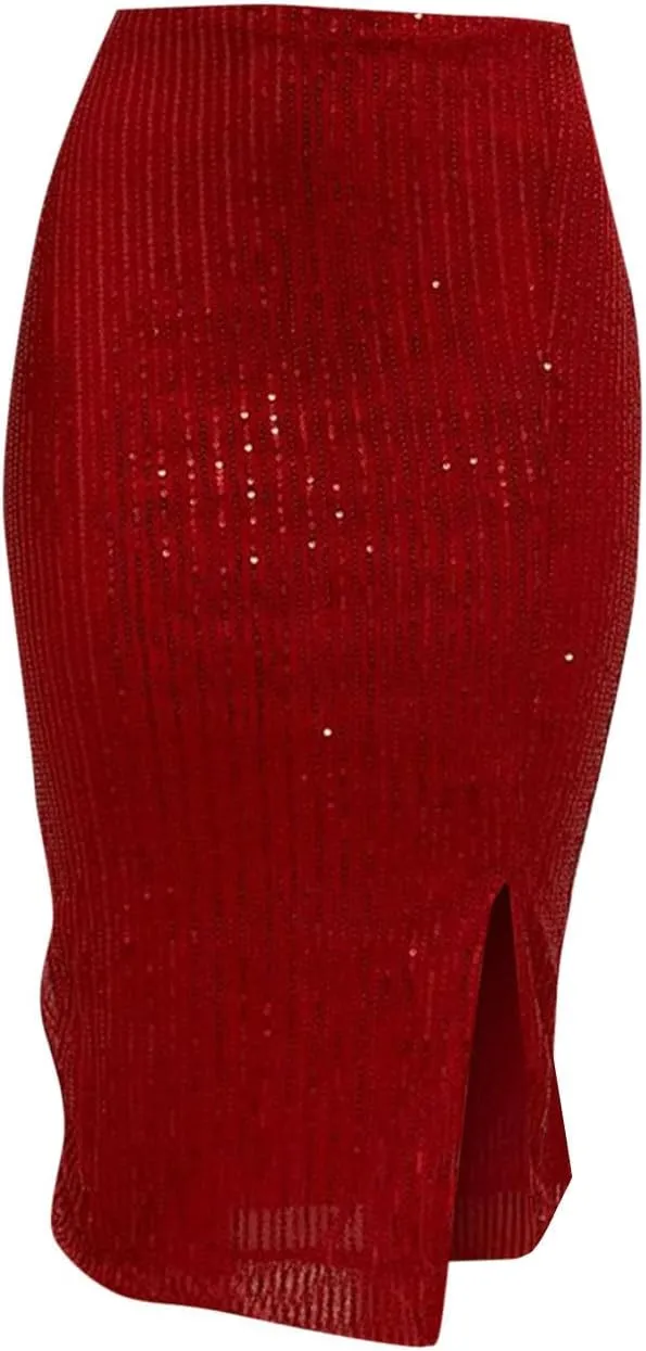 Women's Sequin Skirt Midi High Waist Elegant Stretchy Sparkle Side Slit Pencil Skirt Party Cocktail Bodycon Skirts