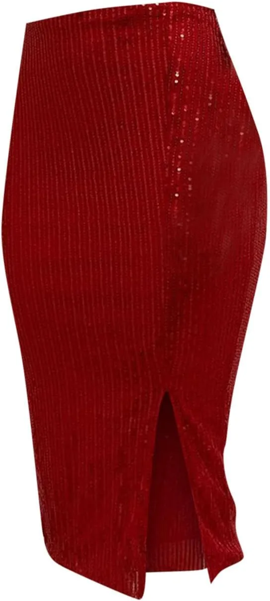 Women's Sequin Skirt Midi High Waist Elegant Stretchy Sparkle Side Slit Pencil Skirt Party Cocktail Bodycon Skirts
