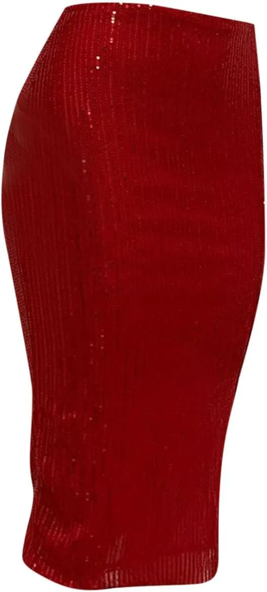 Women's Sequin Skirt Midi High Waist Elegant Stretchy Sparkle Side Slit Pencil Skirt Party Cocktail Bodycon Skirts