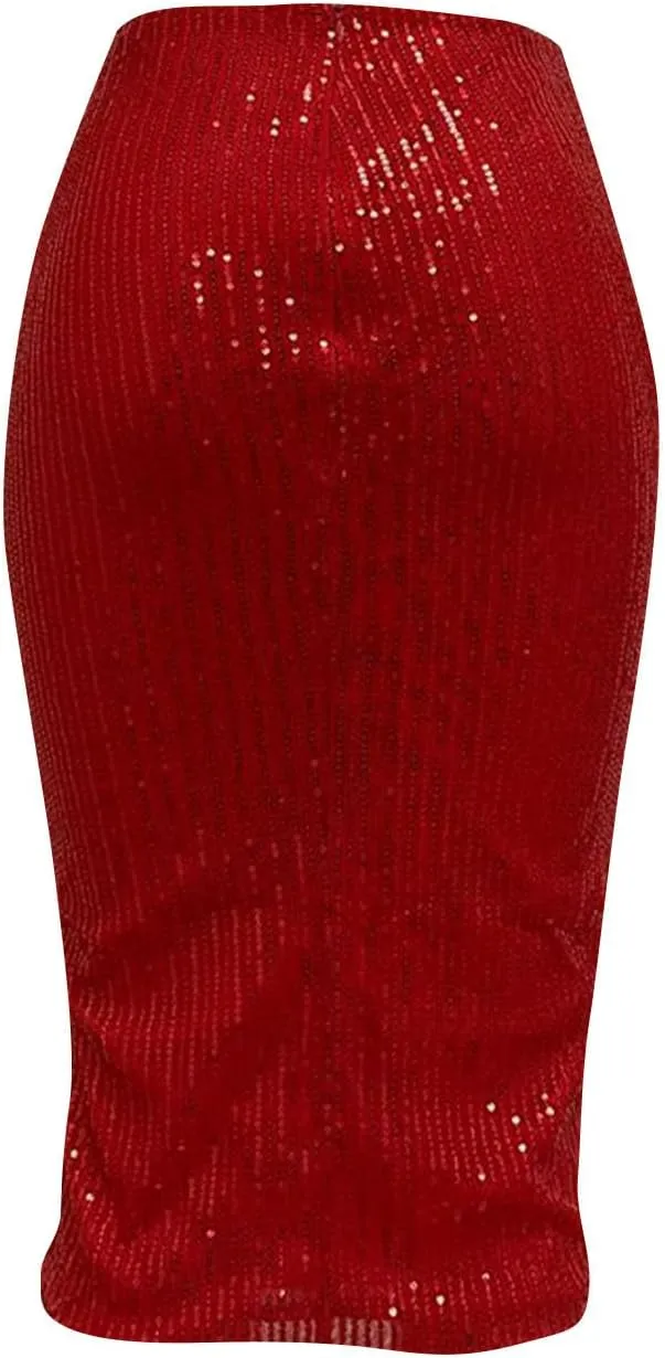 Women's Sequin Skirt Midi High Waist Elegant Stretchy Sparkle Side Slit Pencil Skirt Party Cocktail Bodycon Skirts