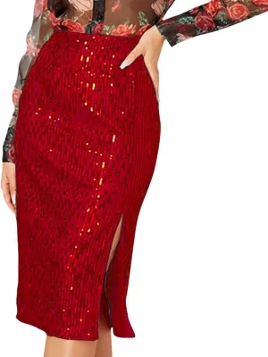 Women's Sequin Skirt Midi High Waist Elegant Stretchy Sparkle Side Slit Pencil Skirt Party Cocktail Bodycon Skirts