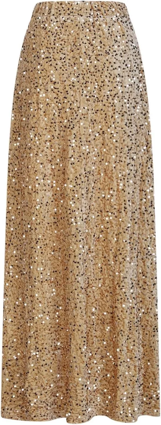 Womens Sequin Skirts Sparkle Glitter High Waisted Skirt Elegant Long Maxi Skirt Flowy Evening Night Out Party Skirts