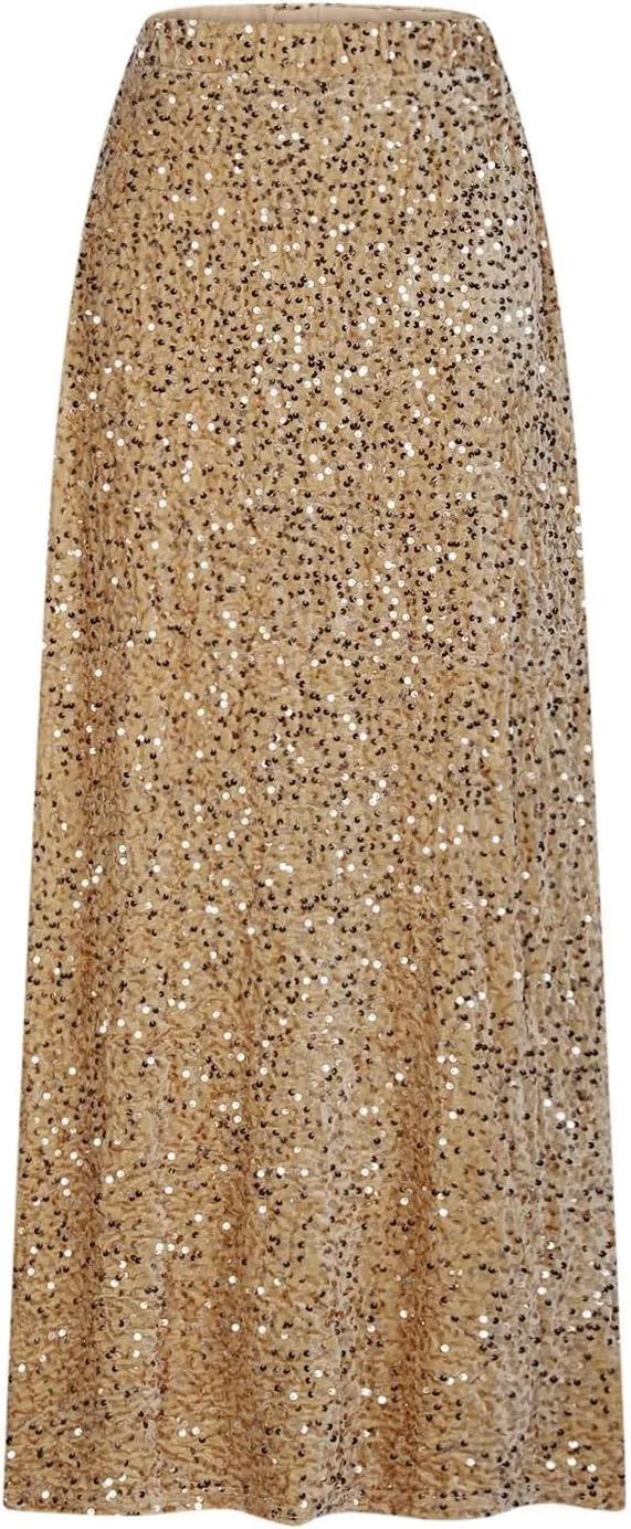 Womens Sequin Skirts Sparkle Glitter High Waisted Skirt Elegant Long Maxi Skirt Flowy Evening Night Out Party Skirts