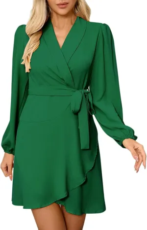 Women's Sexy V-Neck Dress Long Sleeve Waist Tie Ruffle Mini Dress Elegant Summer Casual Swing Dresses