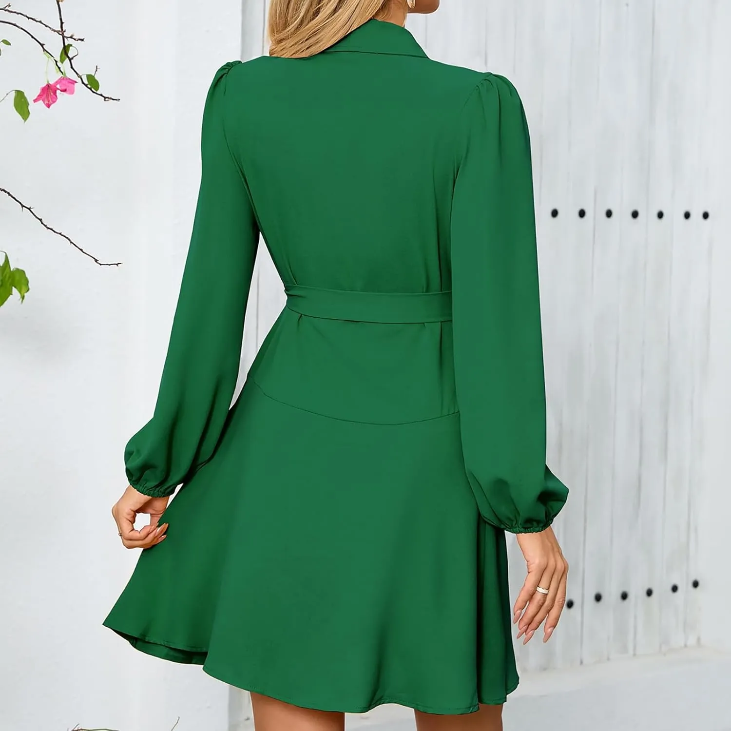 Women's Sexy V-Neck Dress Long Sleeve Waist Tie Ruffle Mini Dress Elegant Summer Casual Swing Dresses