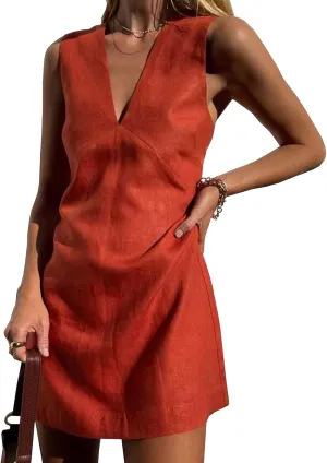 Womens Shirt Dresses Cotton Linen Mini Dress Sleeveless V Neck Tunic Dress Casual Tank Dresses Summer Beach Sundress