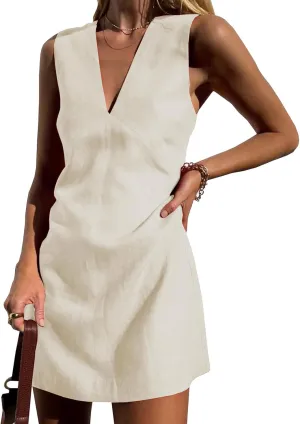 Womens Shirt Dresses Cotton Linen Mini Dress Sleeveless V Neck Tunic Dress Casual Tank Dresses Summer Beach Sundress