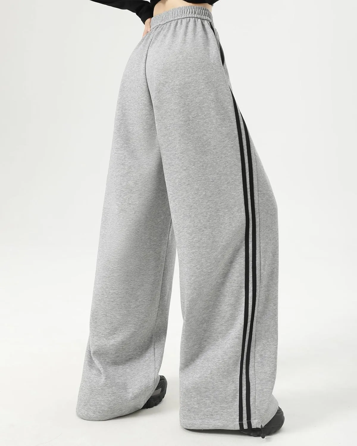 Women's Side Stripes Wide Leg Sweatpants Elastic Wastic Straight Leg Athletic Baggy Joggers Pants