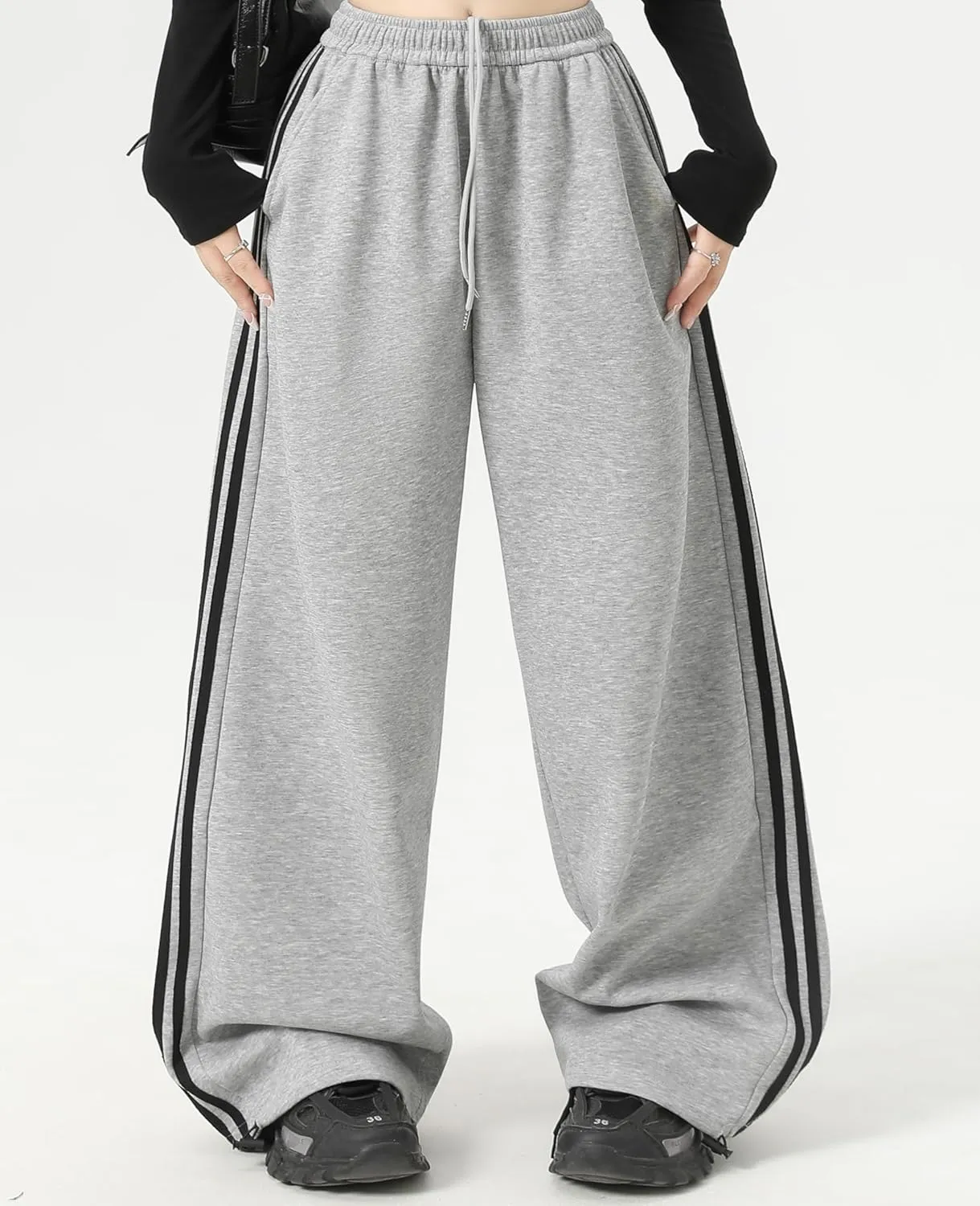 Women's Side Stripes Wide Leg Sweatpants Elastic Wastic Straight Leg Athletic Baggy Joggers Pants