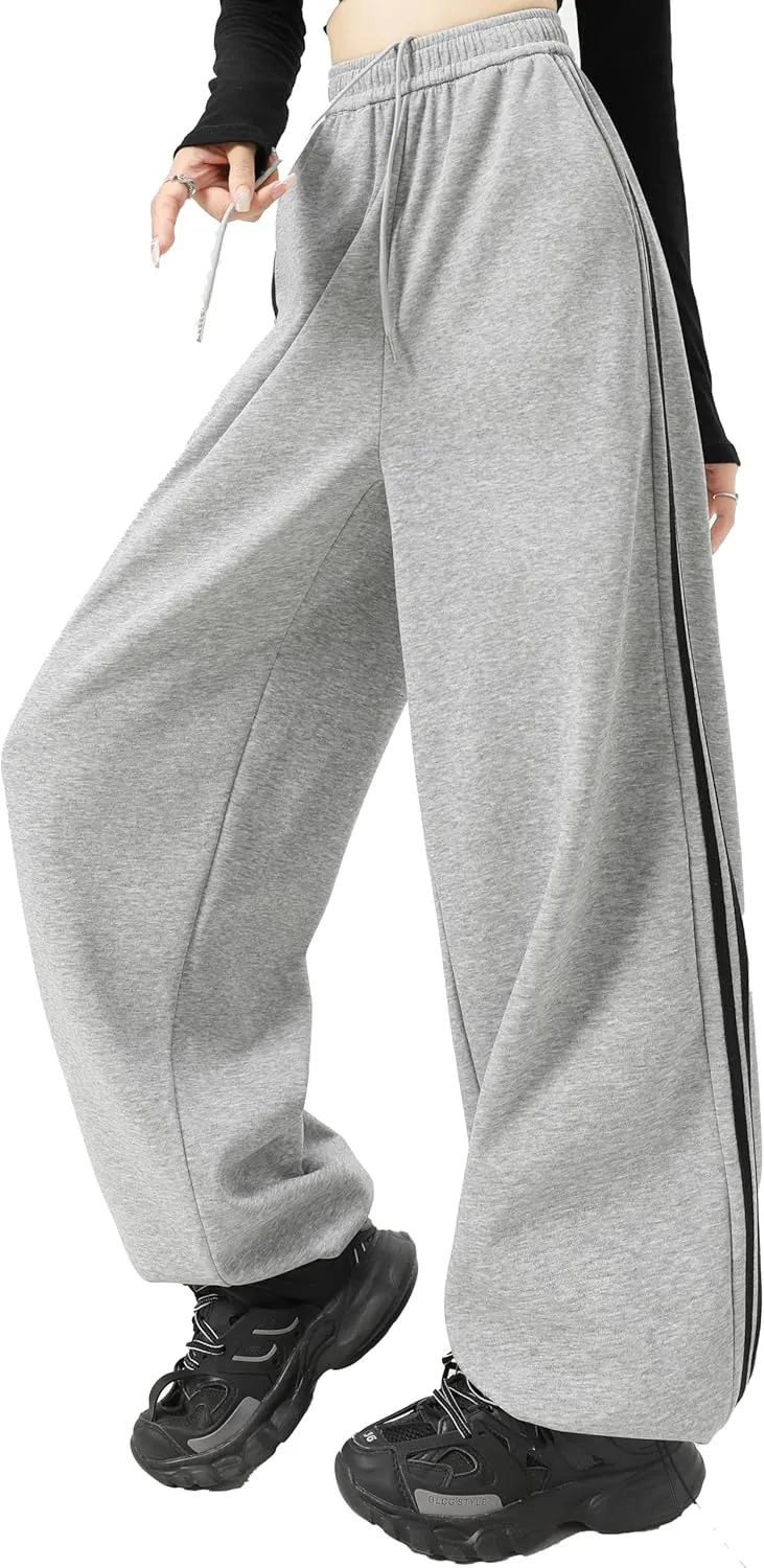 Women's Side Stripes Wide Leg Sweatpants Elastic Wastic Straight Leg Athletic Baggy Joggers Pants