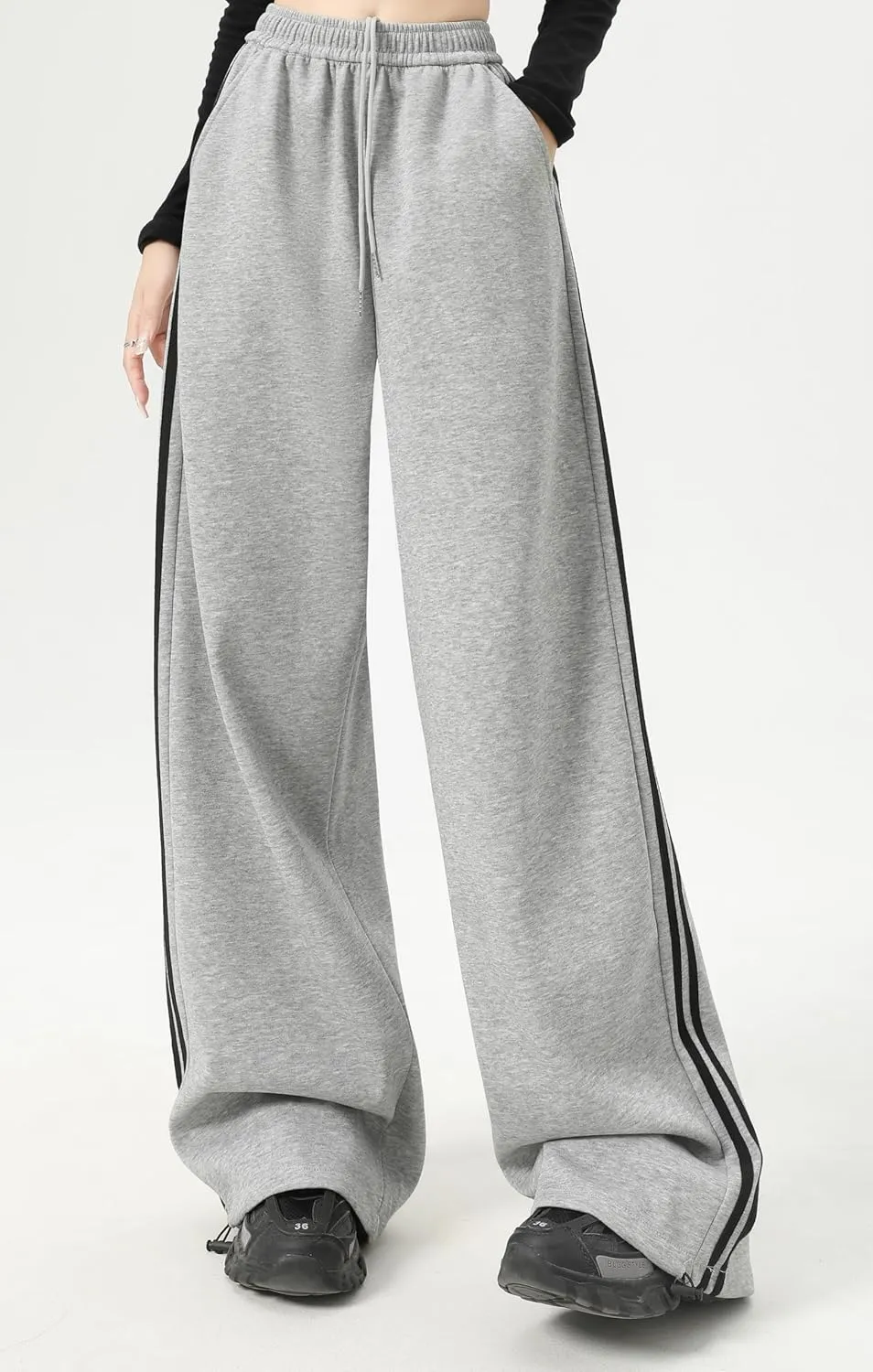 Women's Side Stripes Wide Leg Sweatpants Elastic Wastic Straight Leg Athletic Baggy Joggers Pants