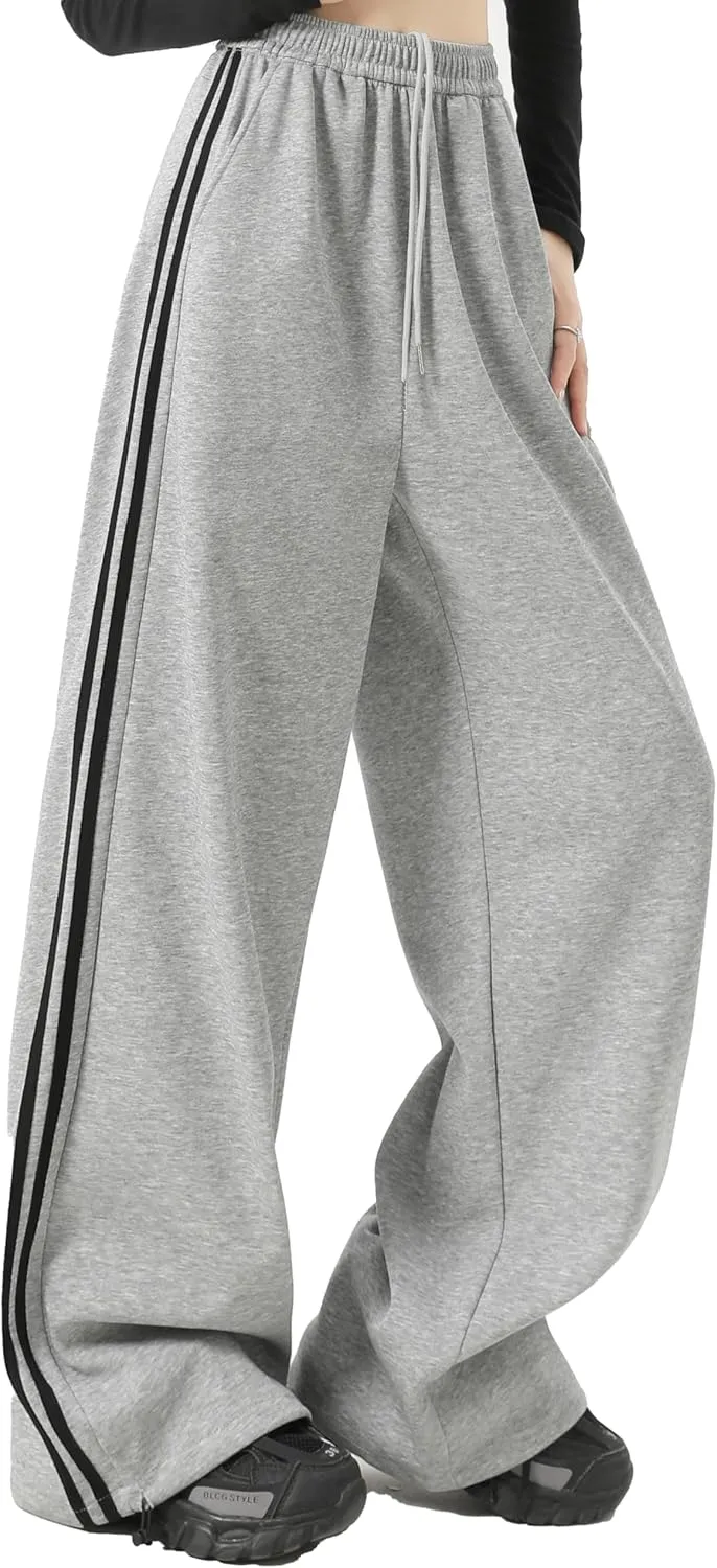 Women's Side Stripes Wide Leg Sweatpants Elastic Wastic Straight Leg Athletic Baggy Joggers Pants