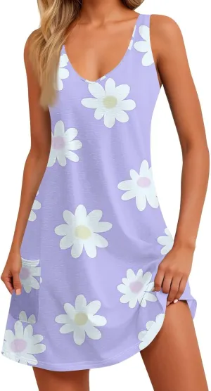 Women's Sleeveless Floral Print Summer Dress Casual Loose Fit V-Neck Beach Summer with Pattern