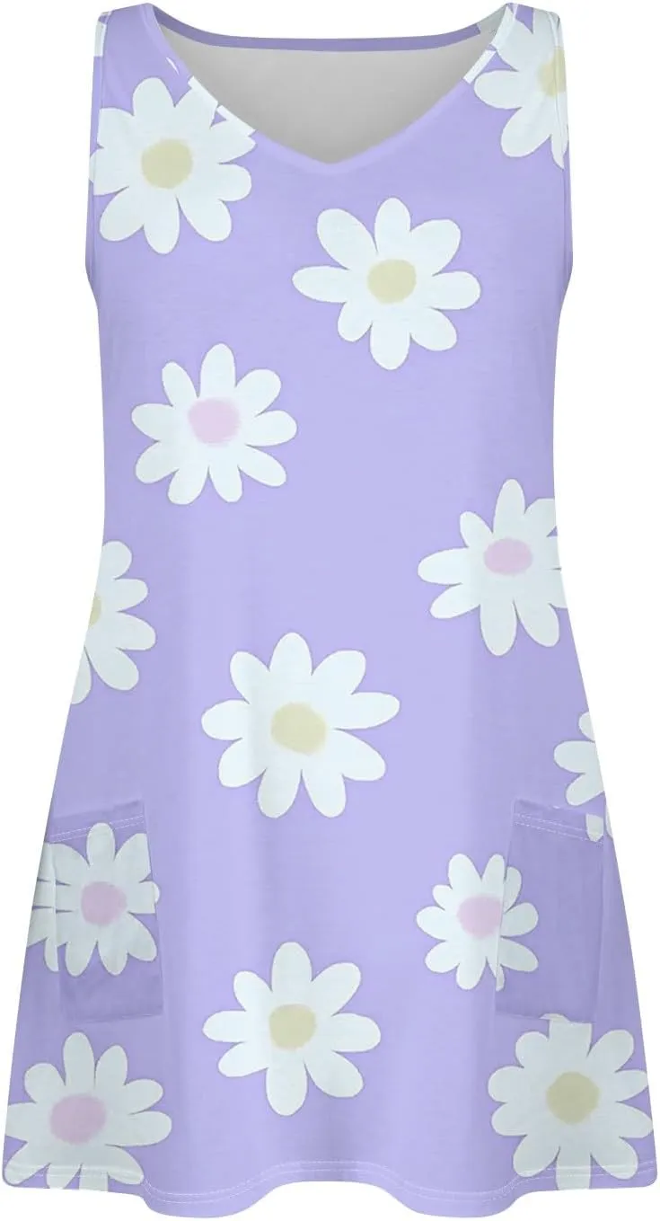 Women's Sleeveless Floral Print Summer Dress Casual Loose Fit V-Neck Beach Summer with Pattern