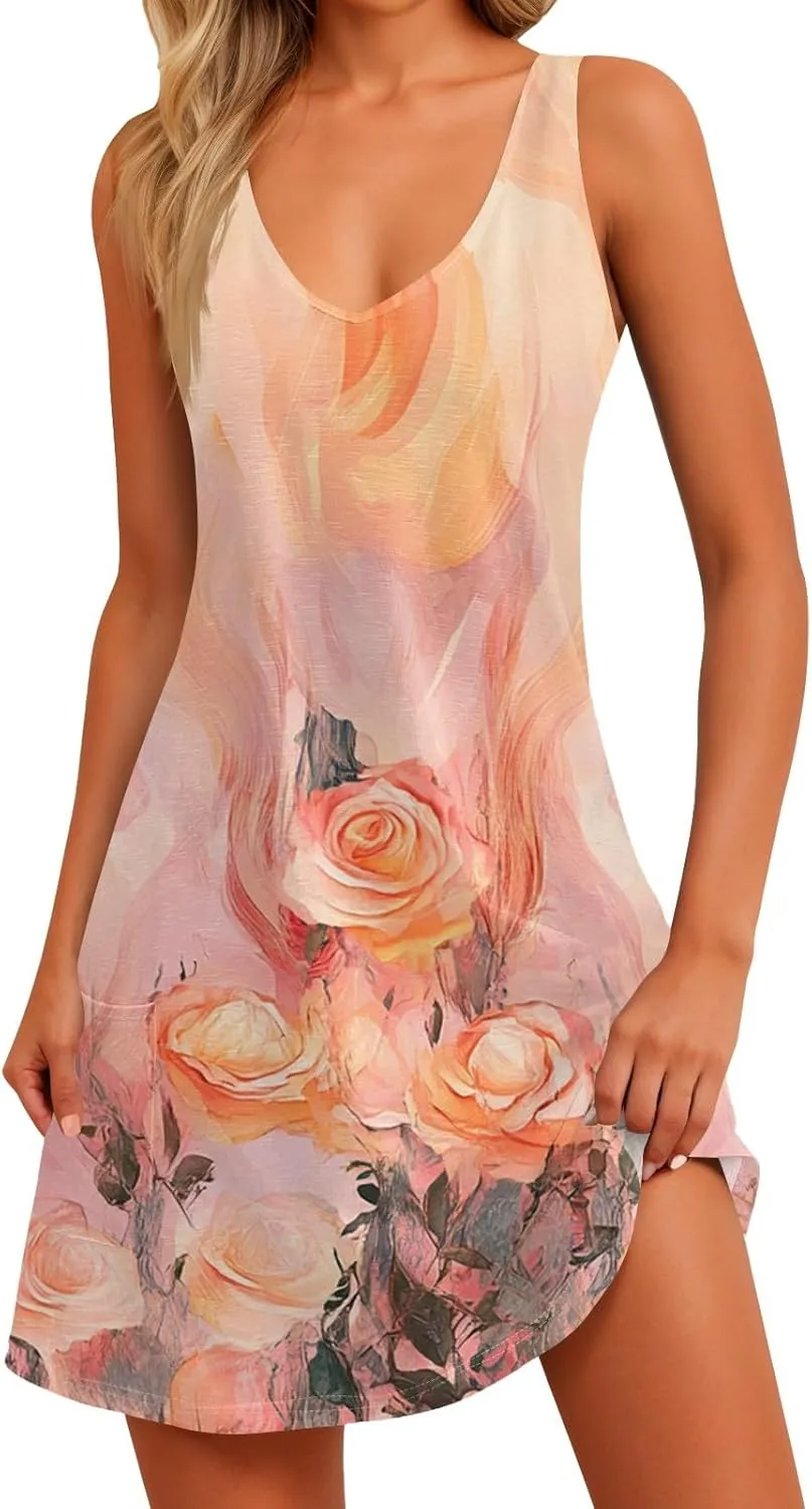 Women's Sleeveless Summer Dress with Abstract Purple Print Casual A-Line Beach Wear for Vacation and Daily Outfits