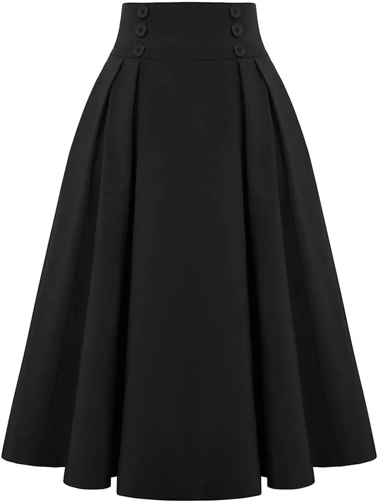 Women's Solid Color High Waist Pleated Skirt with Pocket 50S Retro Button A-Line Skirt