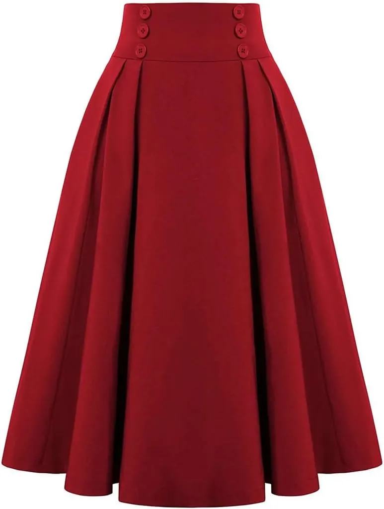 Women's Solid Color High Waist Pleated Skirt with Pocket 50S Retro Button A-Line Skirt