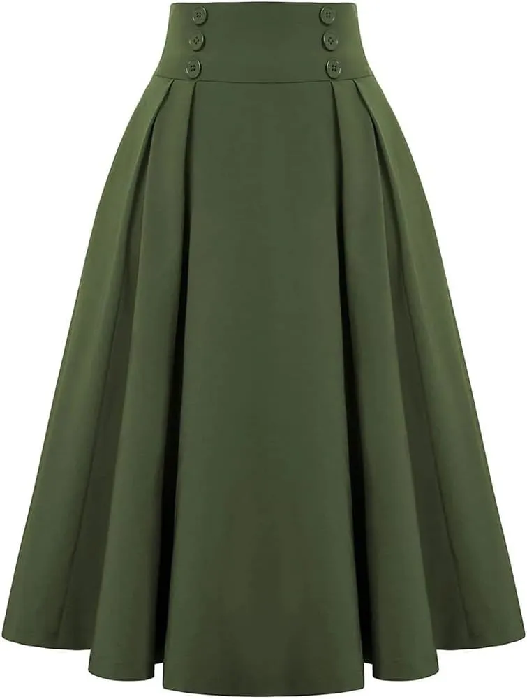 Women's Solid Color High Waist Pleated Skirt with Pocket 50S Retro Button A-Line Skirt
