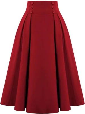 Women's Solid Color High Waist Pleated Skirt with Pocket 50S Retro Button A-Line Skirt