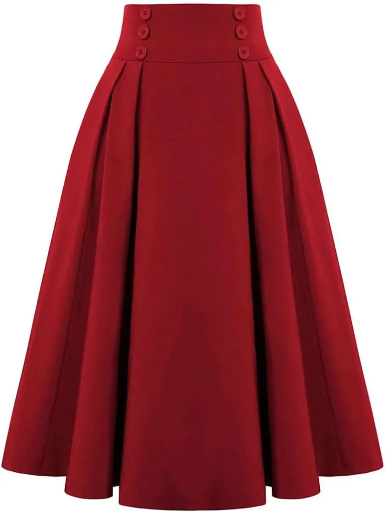 Women's Solid Color High Waist Pleated Skirt with Pocket 50S Retro Button A-Line Skirt