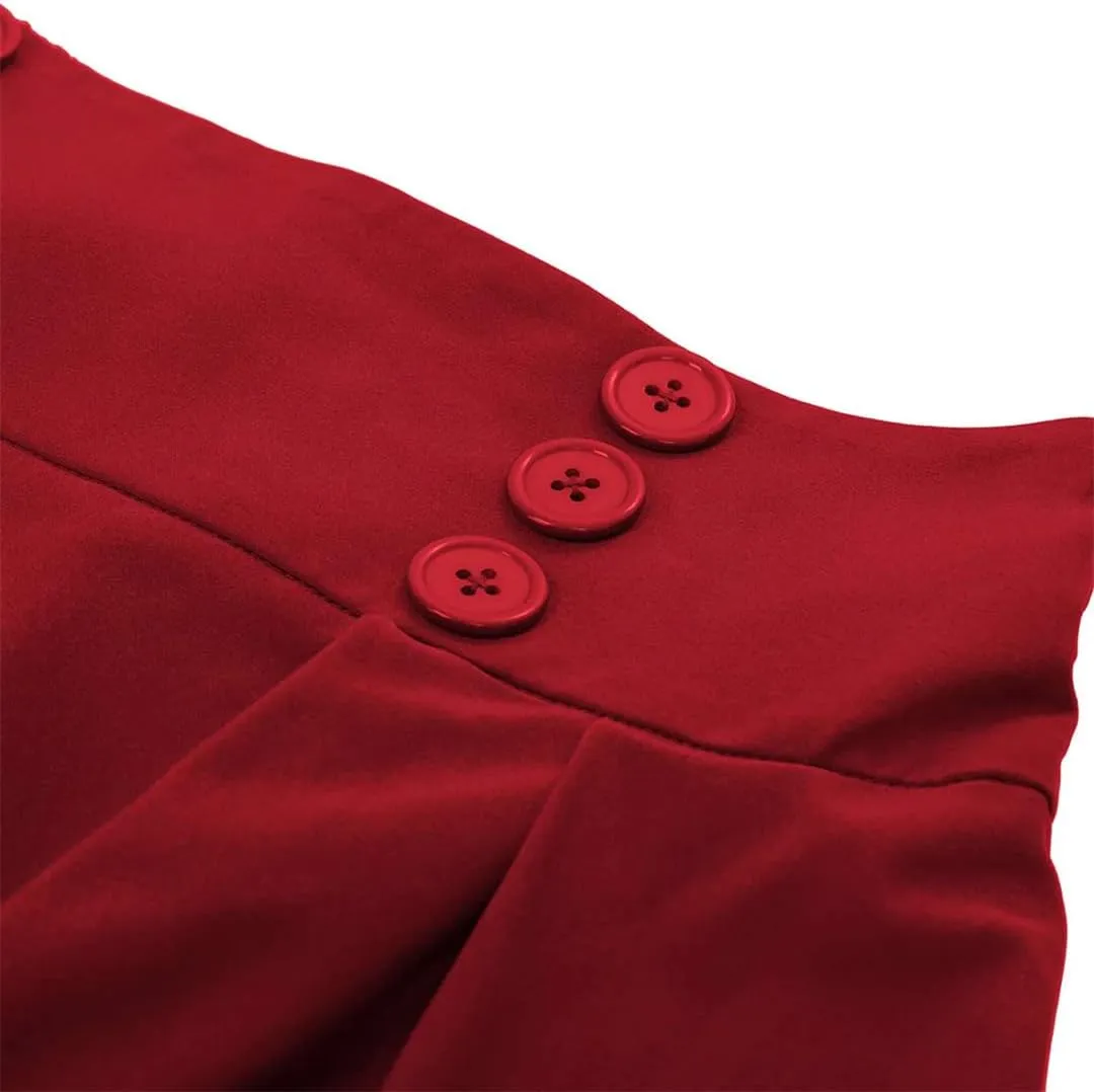 Women's Solid Color High Waist Pleated Skirt with Pocket 50S Retro Button A-Line Skirt