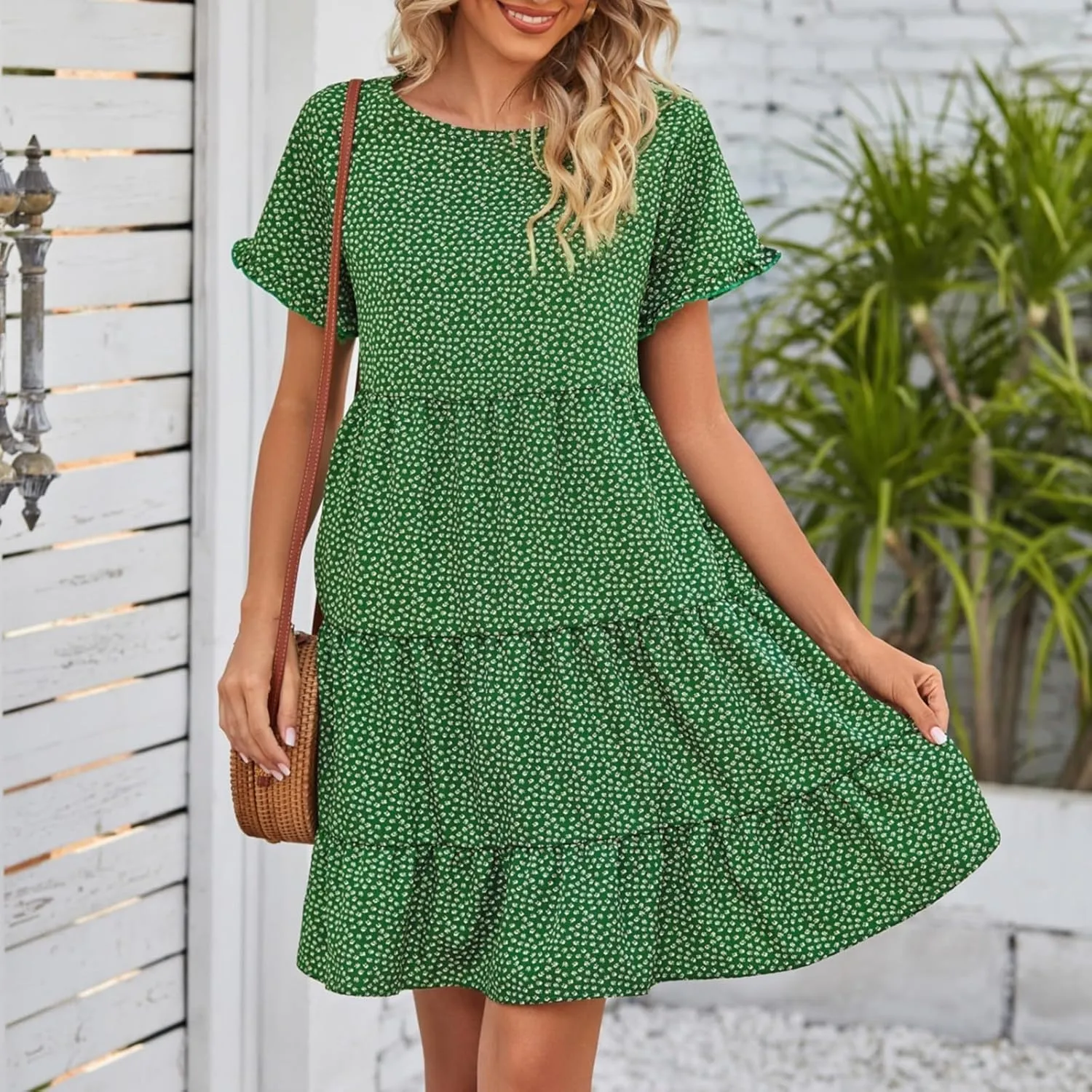 Women's Summer Casual Boho Dress Floral Print Ruffle Puff Short Sleeve Flowy Midi Beach Party Dresses Tiered Cocktail Dress