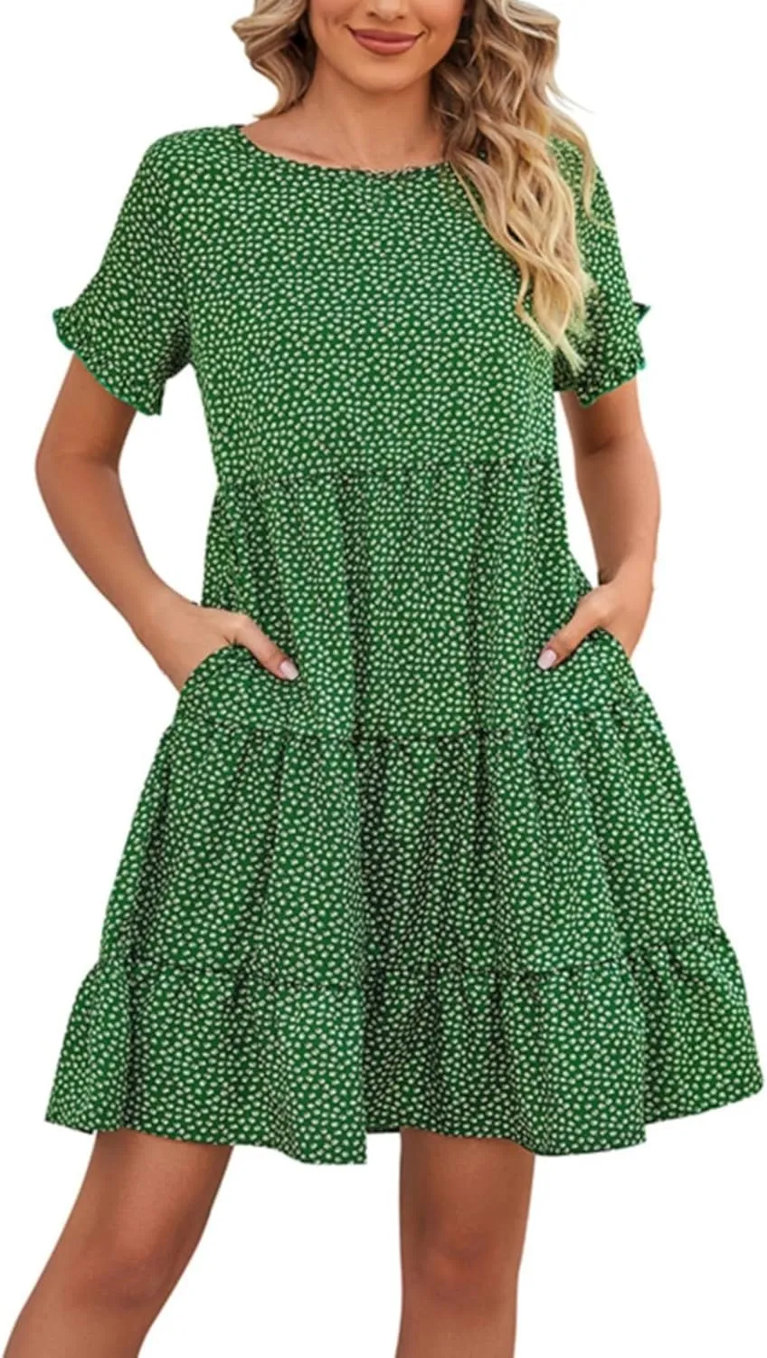 Women's Summer Casual Boho Dress Floral Print Ruffle Puff Short Sleeve Flowy Midi Beach Party Dresses Tiered Cocktail Dress