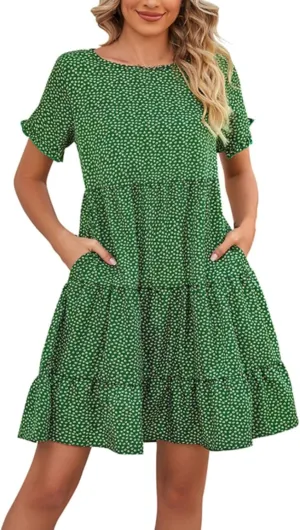 Women's Summer Casual Boho Dress Floral Print Ruffle Puff Short Sleeve Flowy Midi Beach Party Dresses Tiered Cocktail Dress