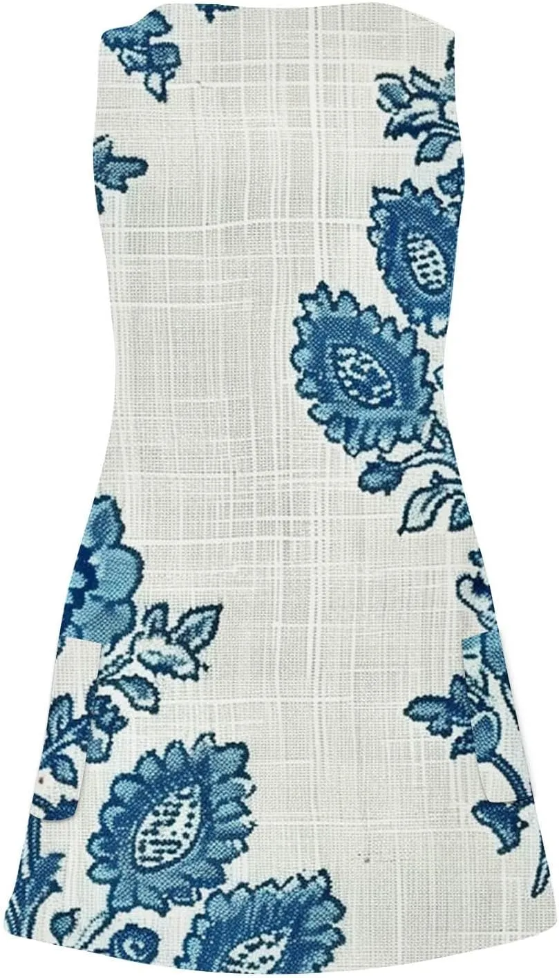 Women's Summer Casual Mini Dresses V-Neck Floral Print Beach Dress Beachwear Sleeveless Sundresses Boho Maxi Dress