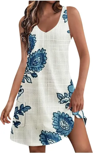 Women's Summer Casual Mini Dresses V-Neck Floral Print Beach Dress Beachwear Sleeveless Sundresses Boho Maxi Dress