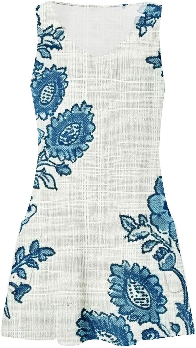 Women's Summer Casual Mini Dresses V-Neck Floral Print Beach Dress Beachwear Sleeveless Sundresses Boho Maxi Dress