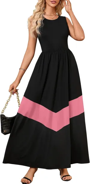Women's Summer Colorblock Loose Tank Round Neck Dress Sleeveless Casual Holiday Flared Swing Beach Long Maxi Sundress