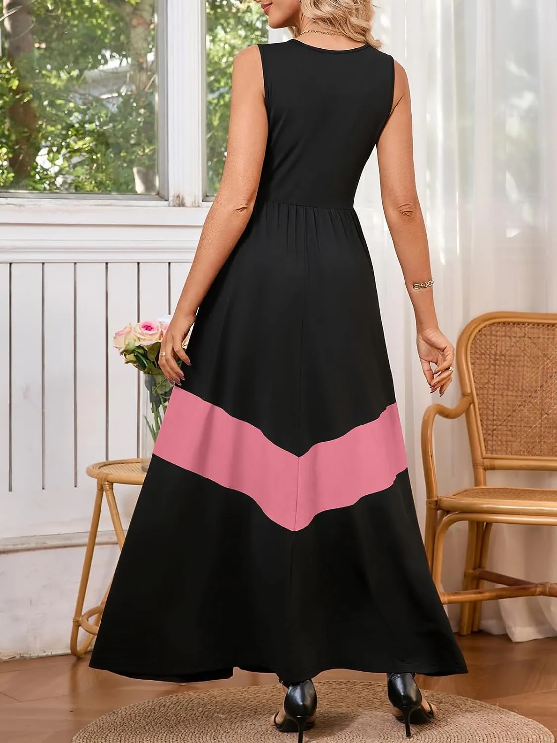Women's Summer Colorblock Loose Tank Round Neck Dress Sleeveless Casual Holiday Flared Swing Beach Long Maxi Sundress