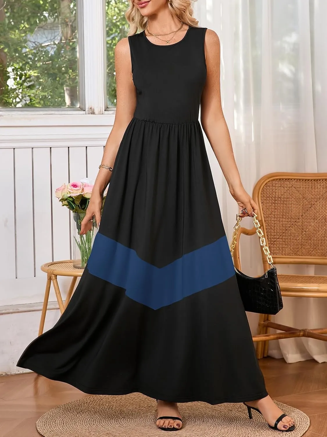 Women's Summer Colorblock Loose Tank Round Neck Dress Sleeveless Casual Holiday Flared Swing Beach Long Maxi Sundress